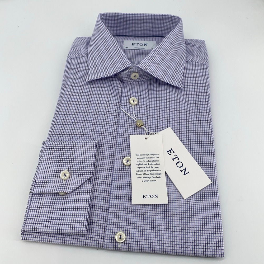 Eton Dress Shirt Men 16-41 Purple White Micro Check Twill Contemporary Button Up